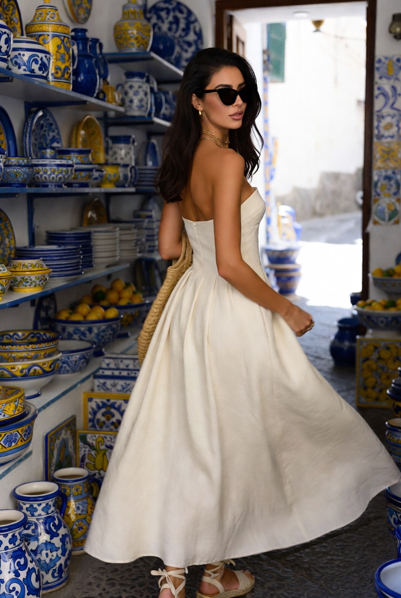 A woman in a strapless linen dress browsing a Positano ceramics shop full of hand-painted pottery and lemons