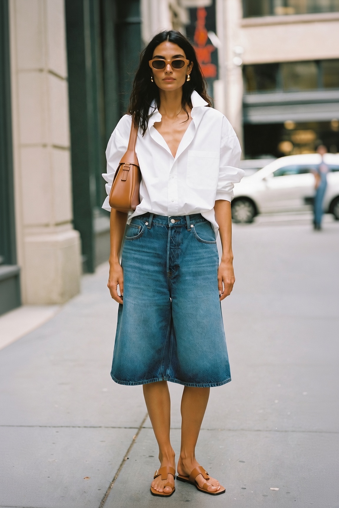 Denim shorts worn with a white shirt — the ESVRA Fashion edit on the denim short
