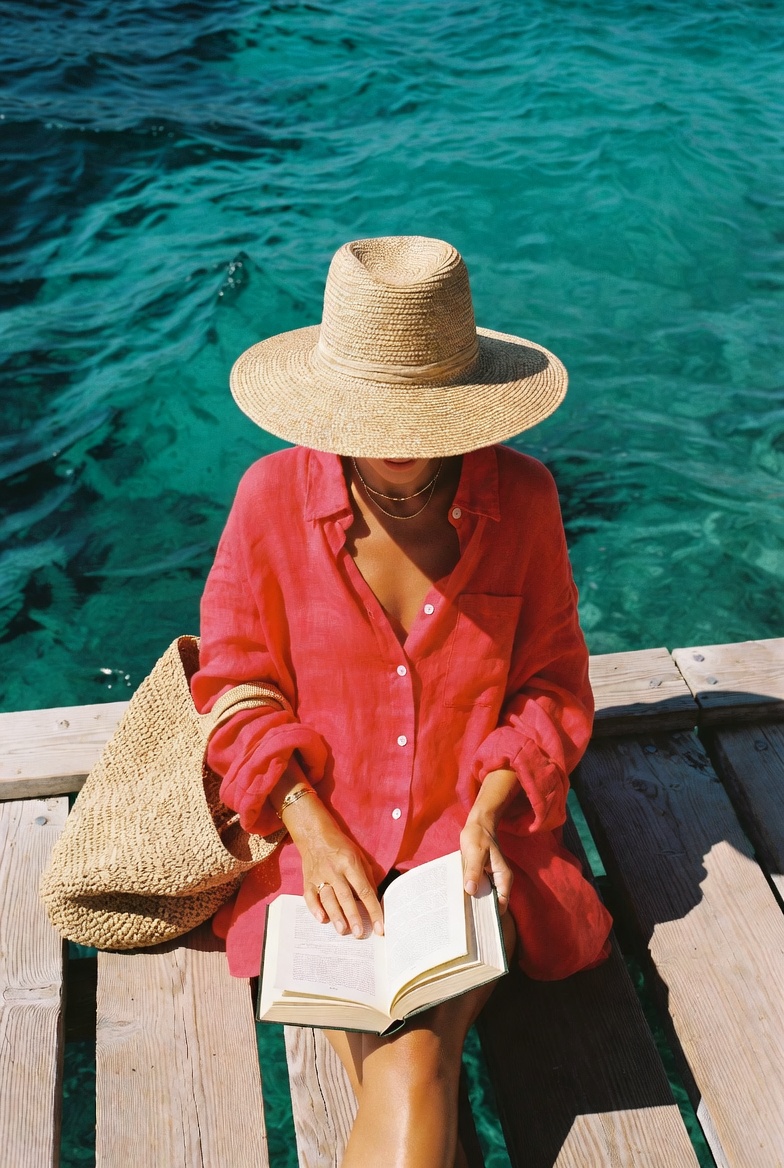 Everything Raffia — a woman in a wide-brim raffia hat and a red linen shirt on a wooden pier over turquoise Mediterranean water, the ESVRA Most Wanted edit on raffia accessories