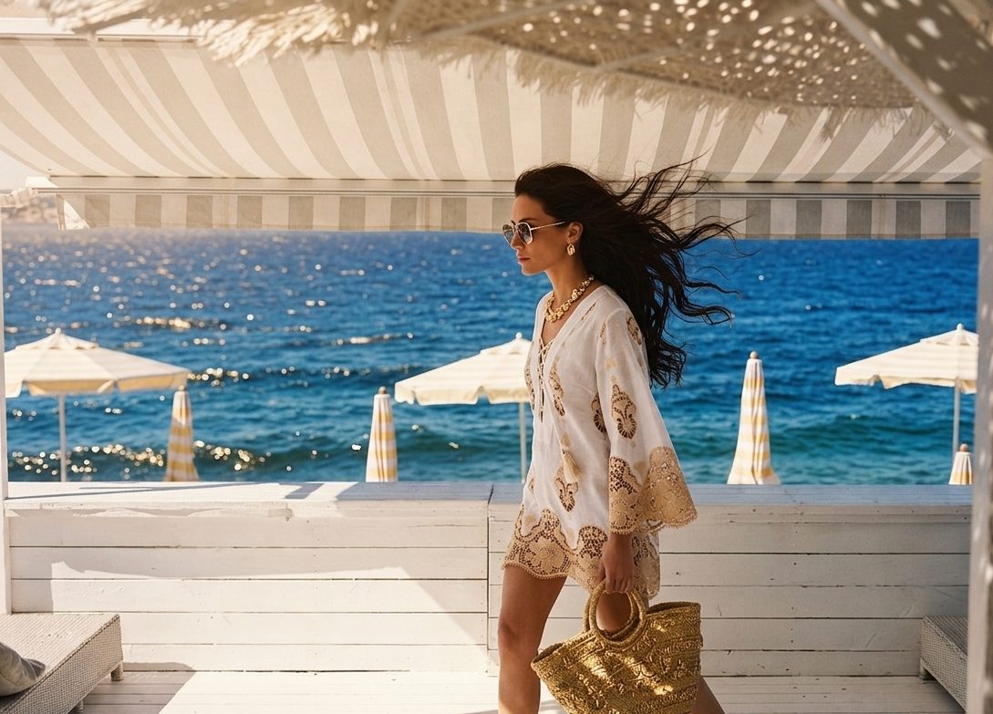 Riviera Hours — a French Riviera summer style edit, a woman in a gold lace tunic at a beach club above the cobalt sea, ESVRA