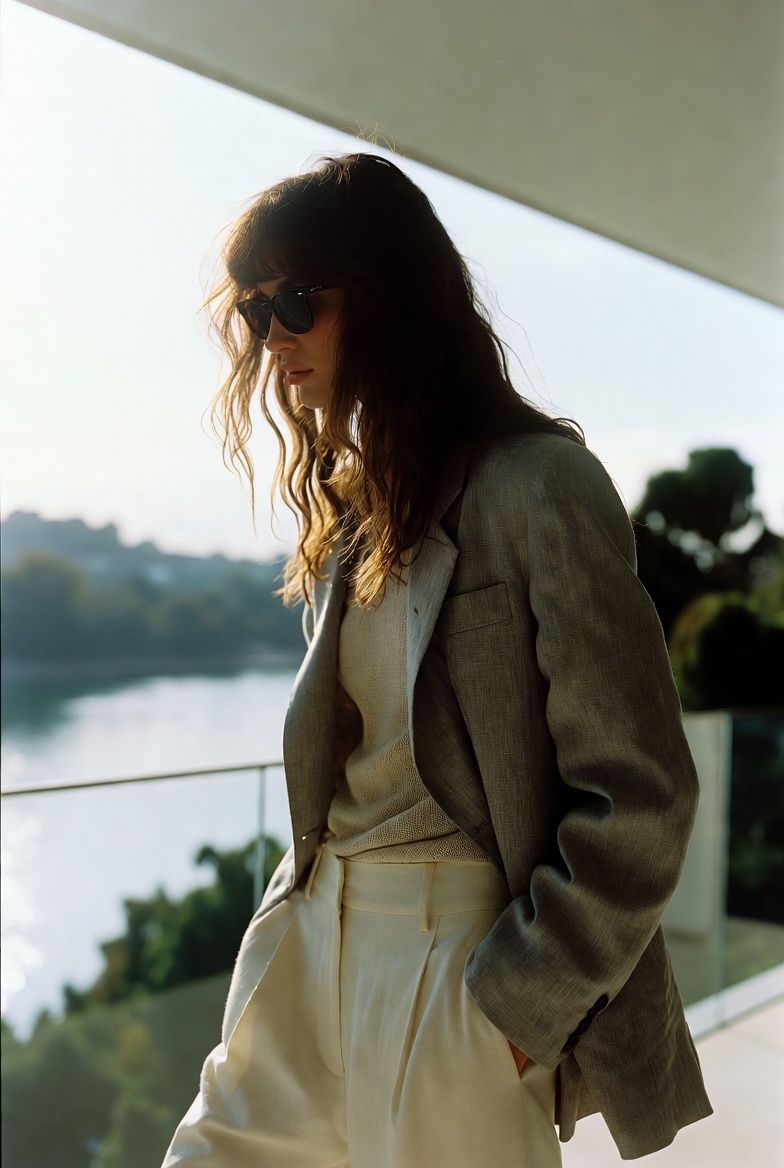 A woman in a tailored linen blazer and trousers at Lake Como, ESVRA Power of Linen edit