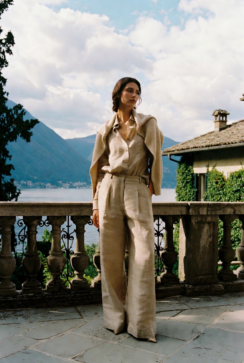 A woman in a linen shirt and trousers in tonal neutrals at Lake Como, ESVRA Power of Linen edit