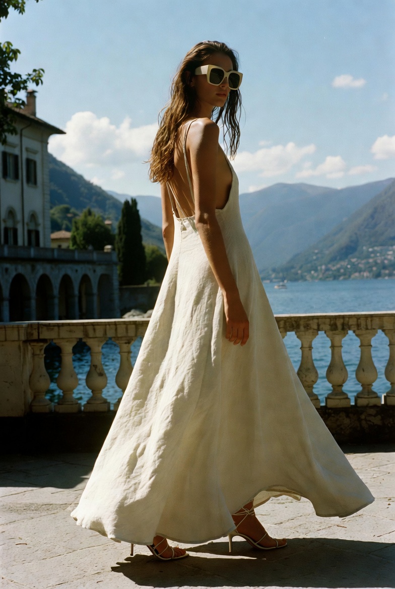 A woman in a long linen day dress at Lake Como, ESVRA Power of Linen edit