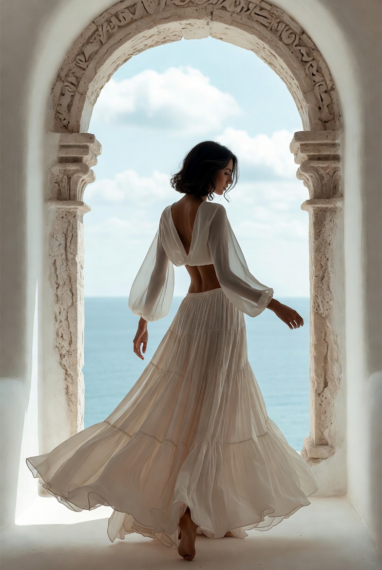 A woman in a full white voluminous maxi skirt on a sun-bleached Mediterranean terrace, ESVRA voluminous maxi edit