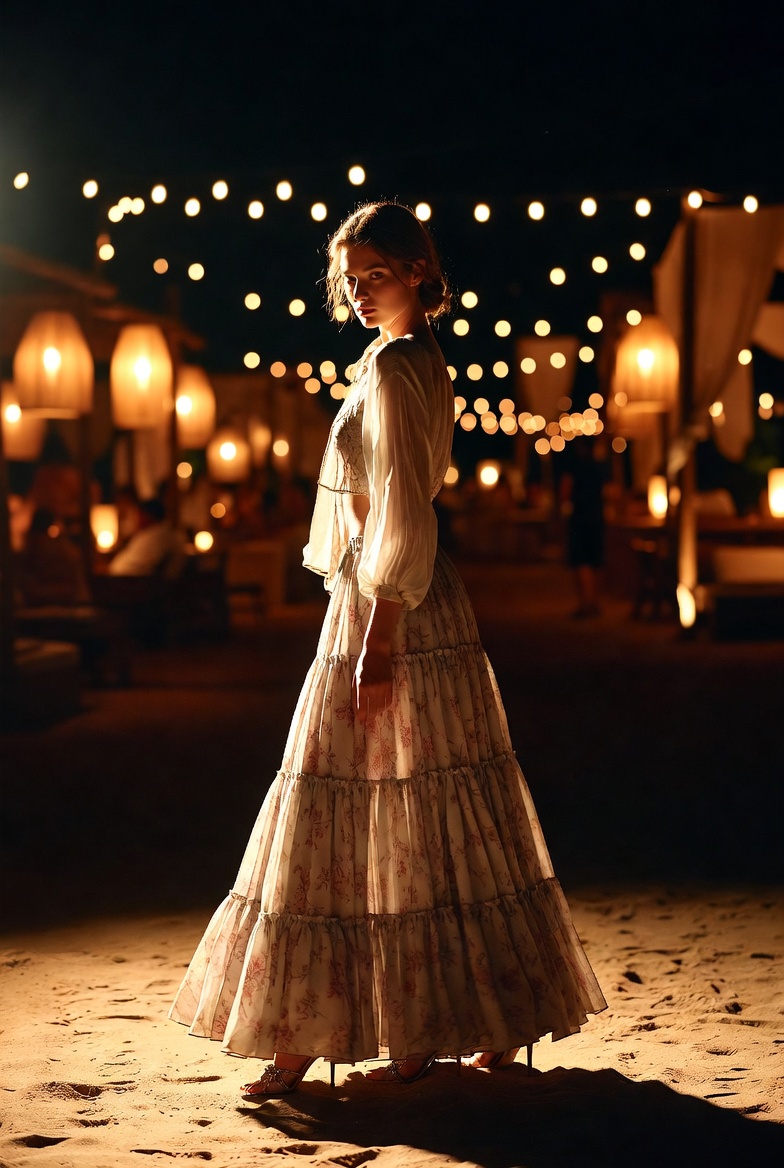 A woman in a voluminous maxi skirt at a beach club in the evening, ESVRA voluminous maxi edit
