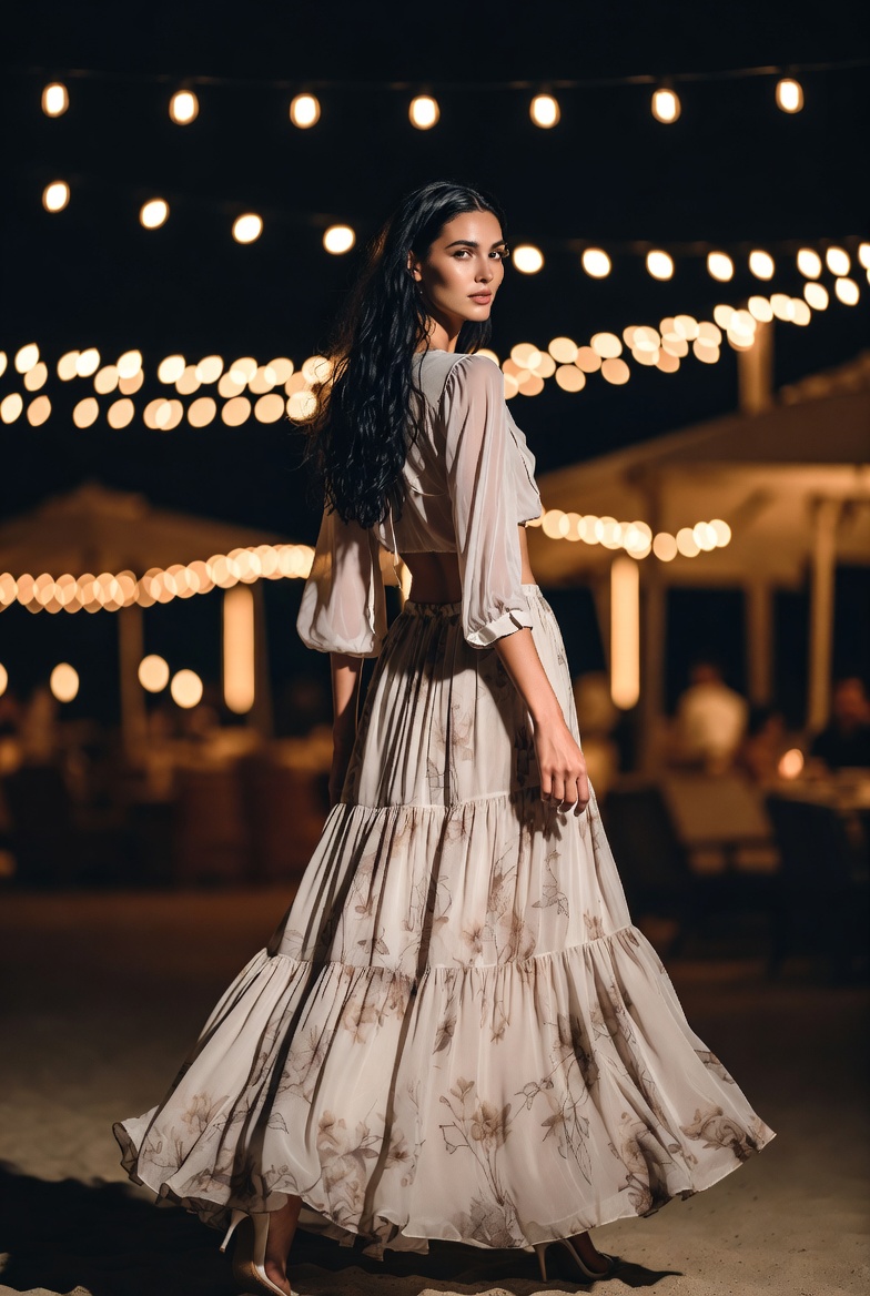 A woman in a voluminous maxi skirt at a beach club at night, ESVRA voluminous maxi edit