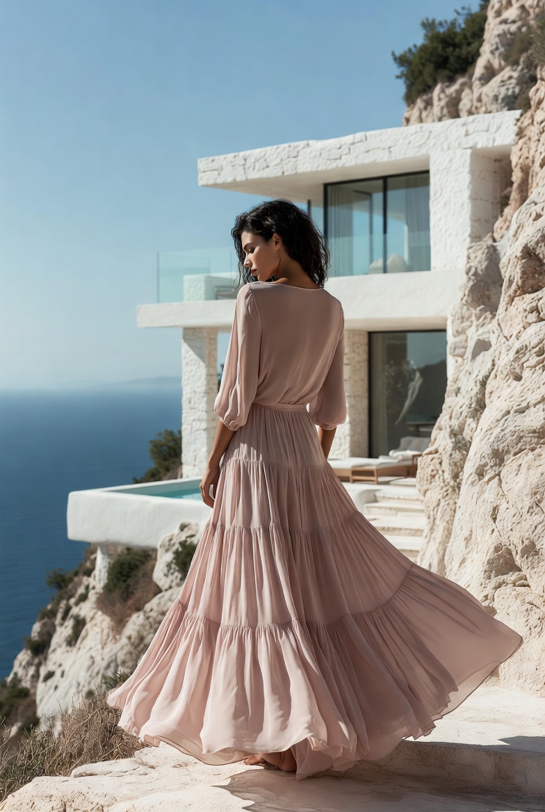 A woman in a full pink voluminous maxi skirt in the Mediterranean sun, ESVRA voluminous maxi edit