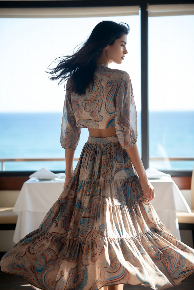 A woman in a paisley voluminous maxi skirt at a sunlit Mediterranean restaurant, ESVRA voluminous maxi edit