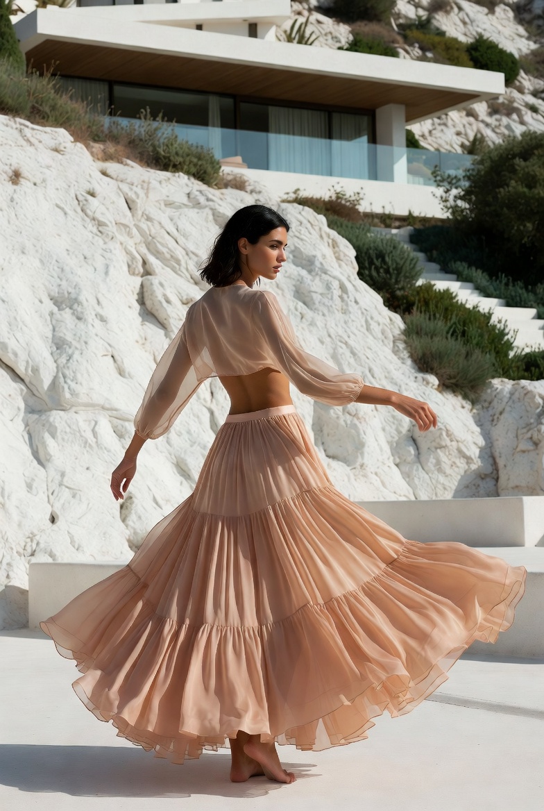 A woman in a sweeping pink maxi skirt, ESVRA voluminous maxi edit