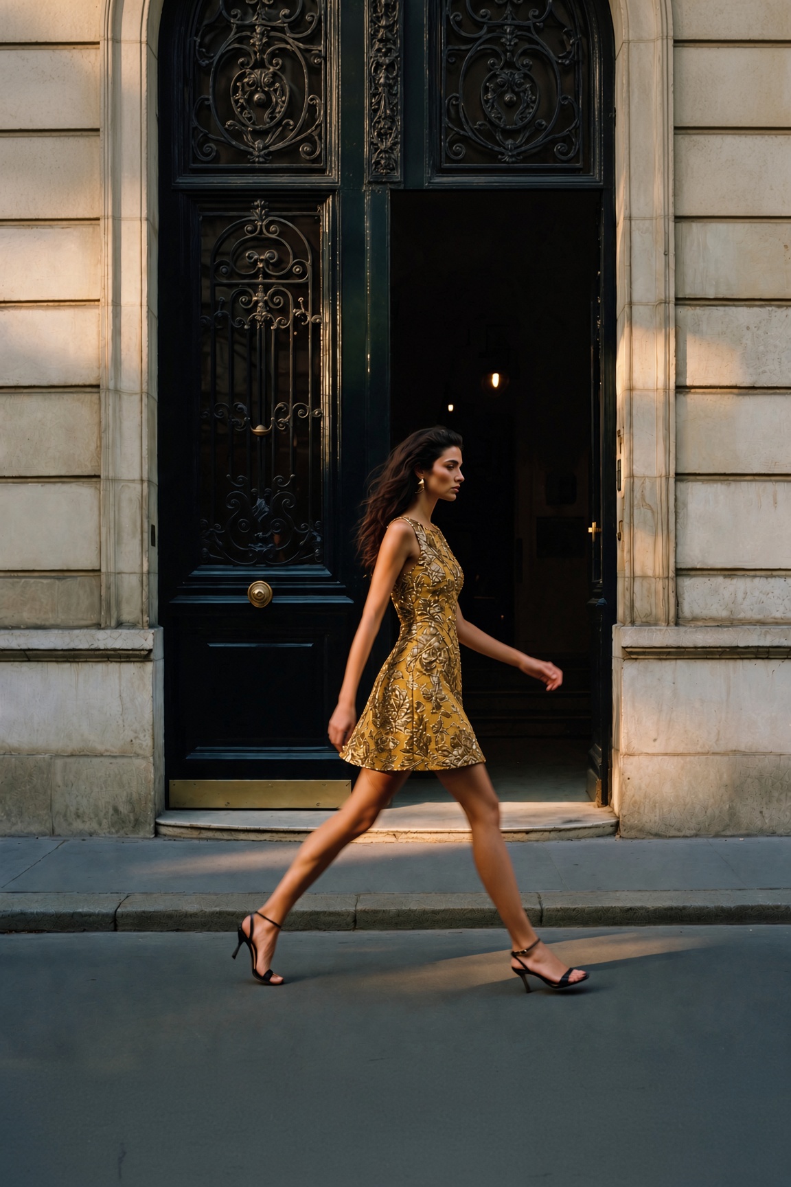Modern Heirlooms — a gold metallic brocade mini dress worn with black heeled sandals on a Paris street, the ESVRA edit on the opulent fall 2026 trend