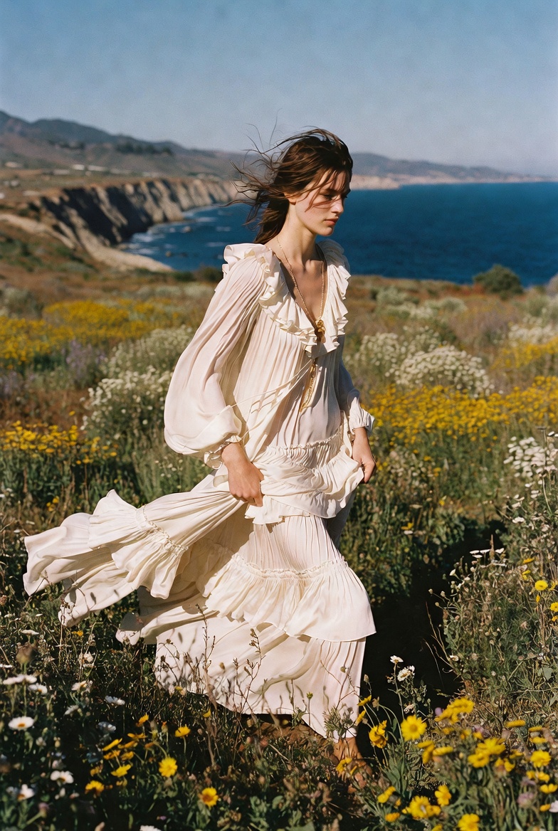 The New Bohemia — a tall slender model in a deep red romantic ruffled tiered bohemian maxi dress walking through wildflowers on a California coastal cliff, the ESVRA styling edit on 2026's bohemian dress revival
