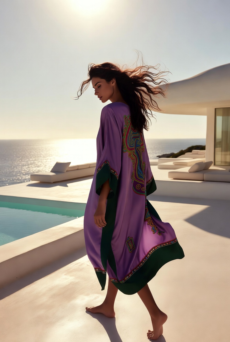 A woman in a purple silk printed dress by the pool — ESVRA The Print Houses edit