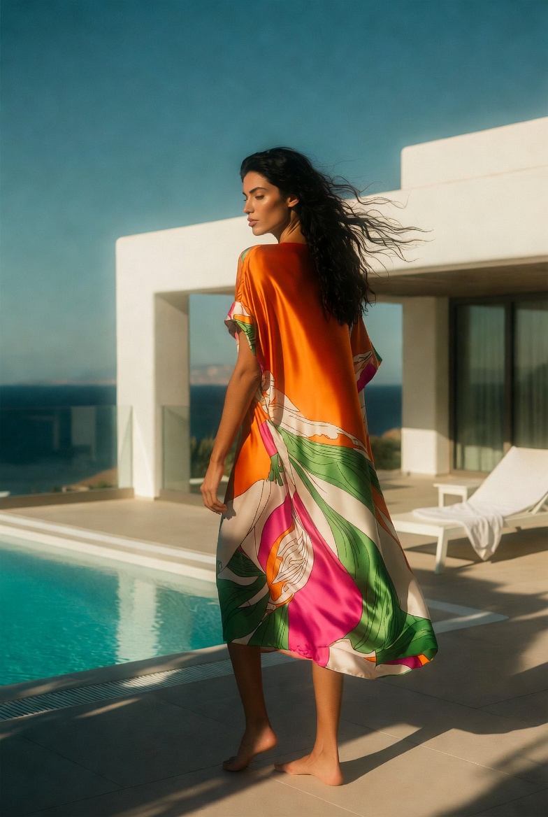A woman in a silk print dress outdoors by the pool — ESVRA The Print Houses edit
