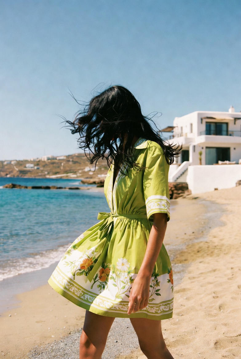 A woman in a green mini printed dress at the beach — ESVRA The Print Houses edit