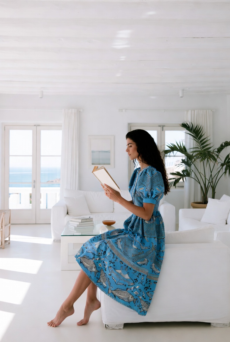 A woman in a long blue printed dress seated indoors — ESVRA The Print Houses edit