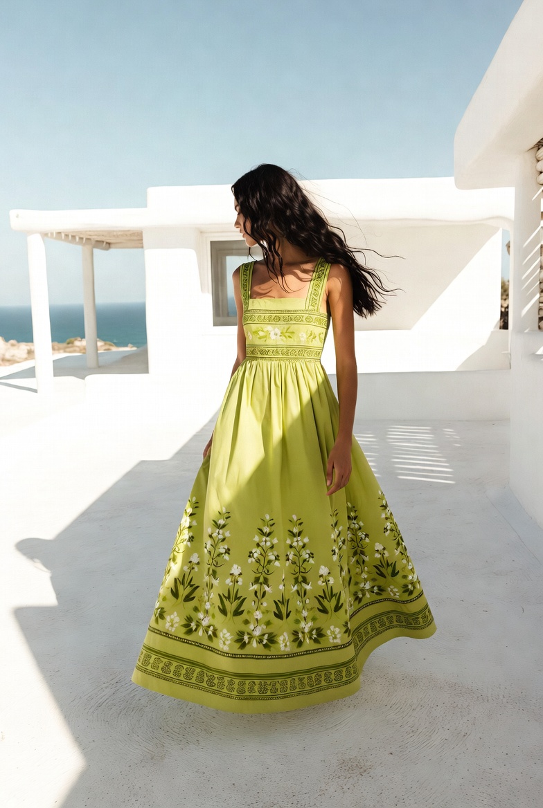 A woman in a long green printed dress by the pool outdoors — ESVRA The Print Houses edit