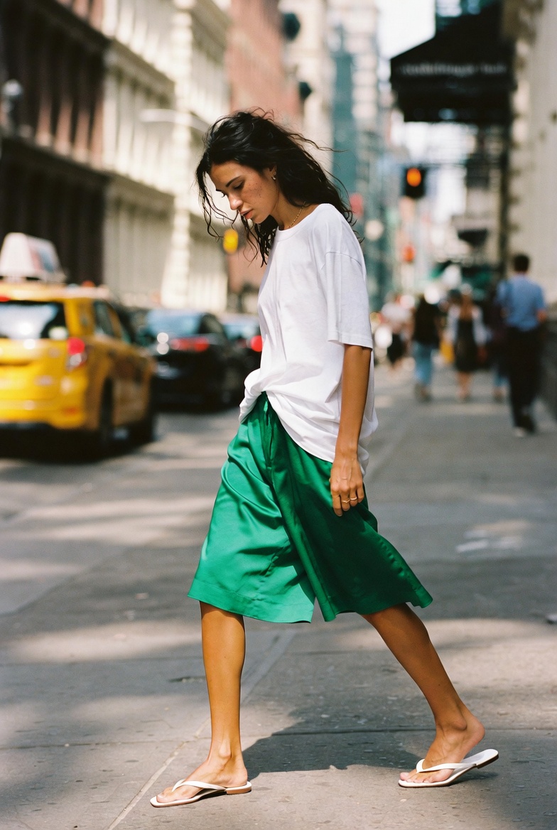 The Silk Short — a cool girl in black silk shorts, an oversized white tee and white flip-flops on a downtown New York street, ESVRA Most Wanted