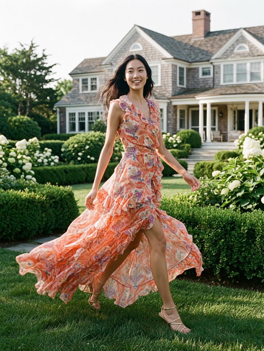Summer Gala Dressing — a woman in a floral ruffled gown in a garden, the ESVRA fashion edit on what to wear to a summer gala