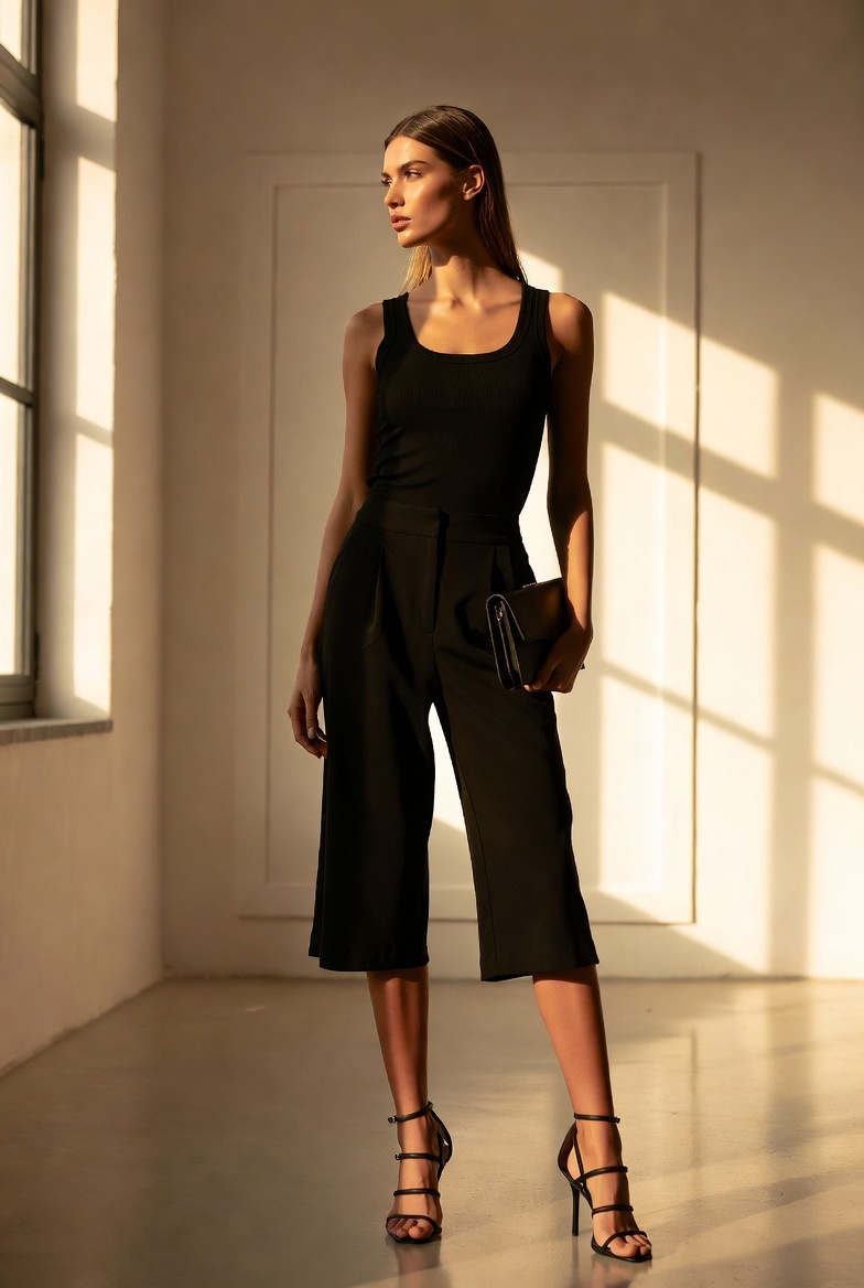 A stylish woman wearing black capri pants
