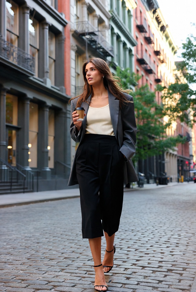 A woman styling capri pants with a jacket