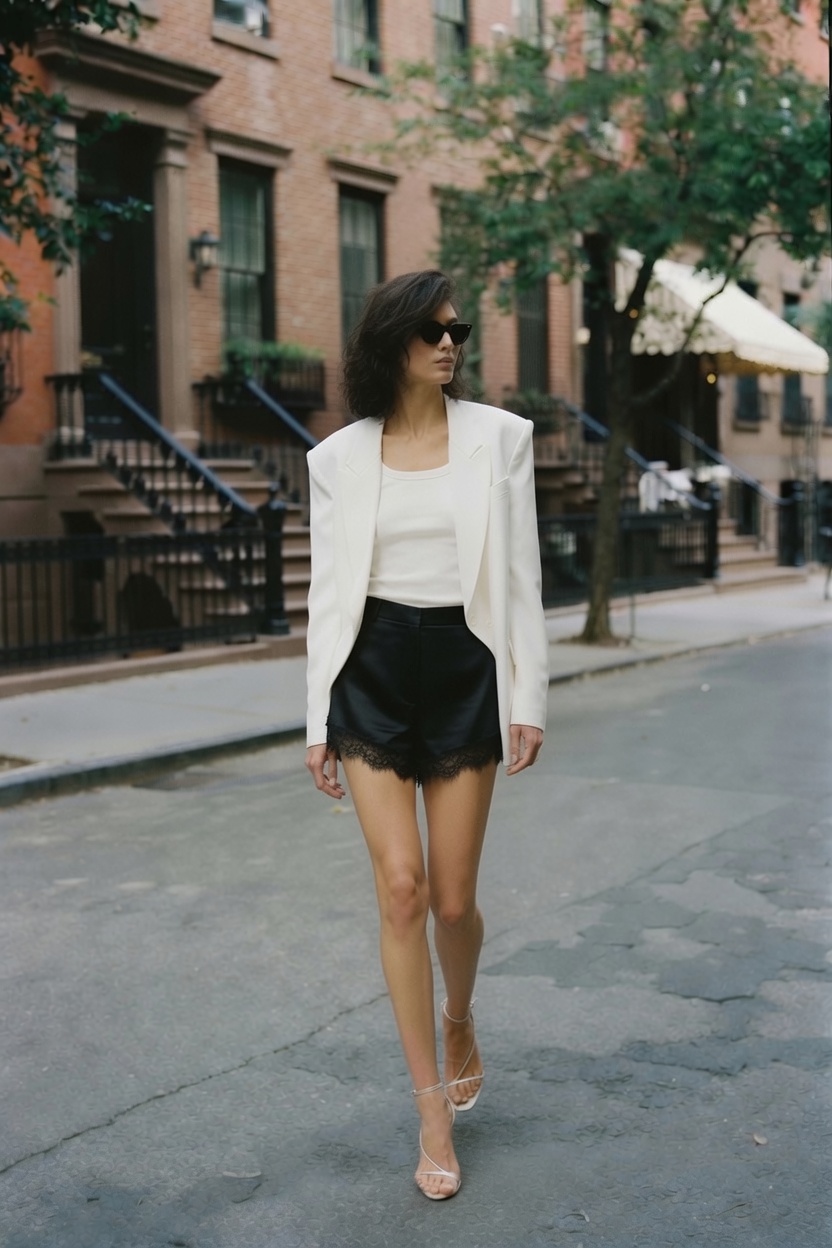 A woman in Carine Gilson lace-trim silk shorts, an ivory tank and a white blazer with nude sandals on a bright West Village street