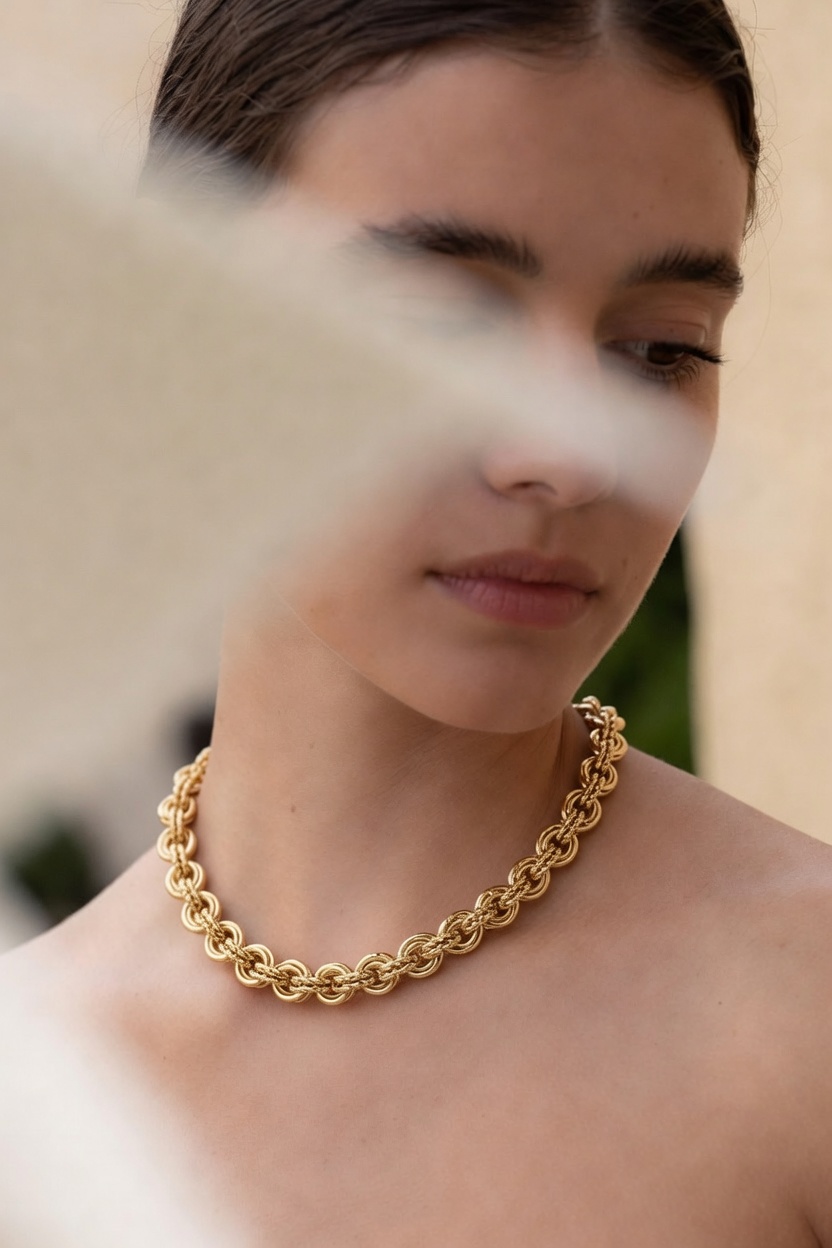 A model wearing layered fine gold necklaces