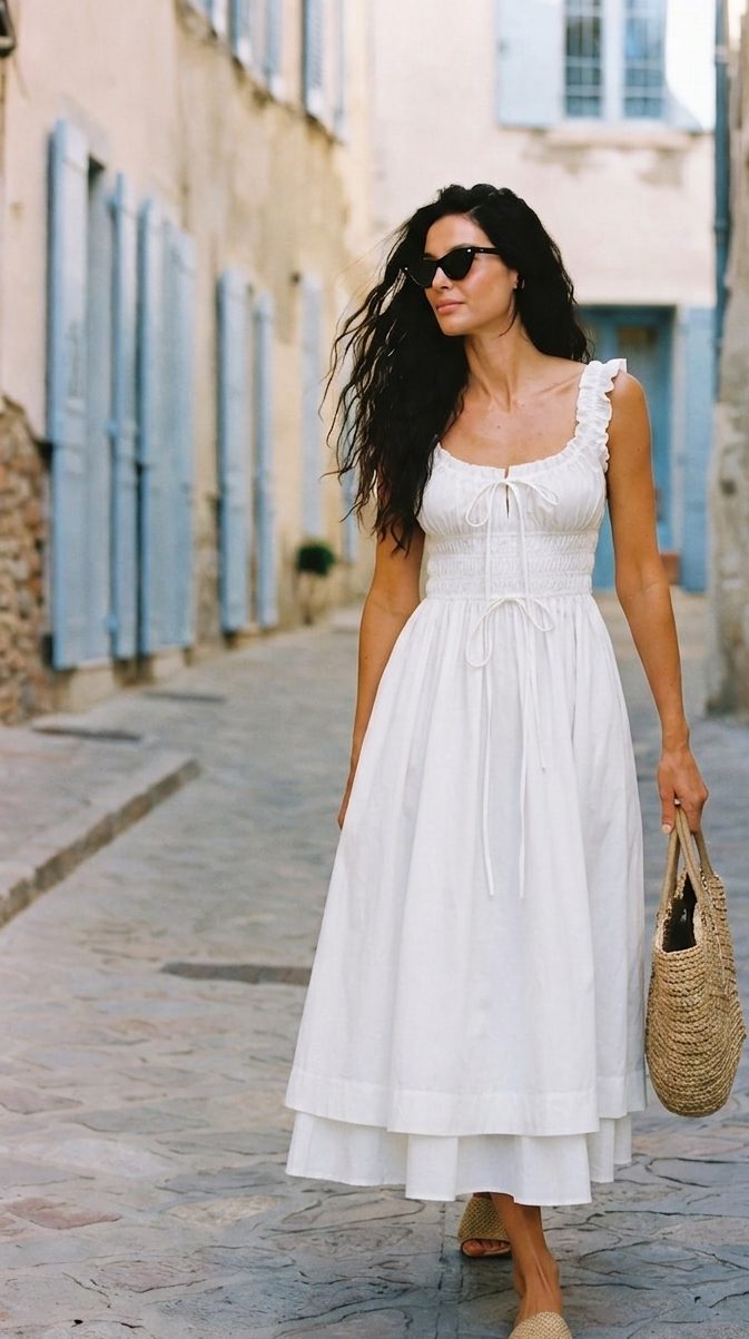 A woman in a white tie-front cotton dress carrying a raffia bag through the blue-shuttered cobblestone streets of old Saint-Tropez