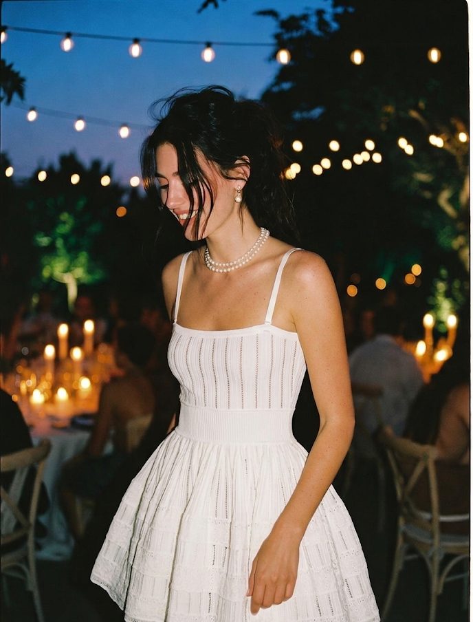 A woman in a fitted white knit mini dress with pearls dancing under string lights at a candlelit Riviera dinner party