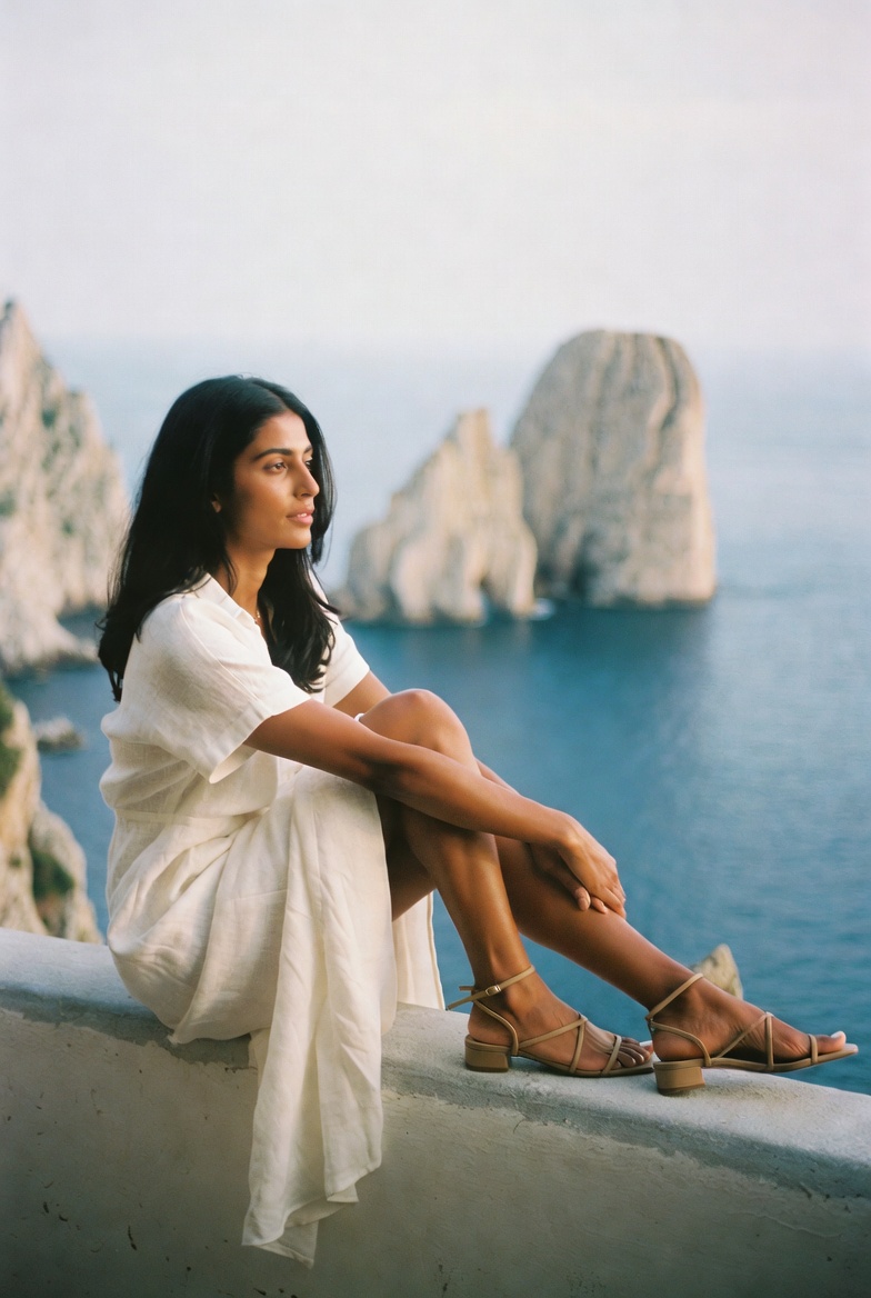 A woman in a silk slip dress wearing strappy leather sandals on a Capri terrace