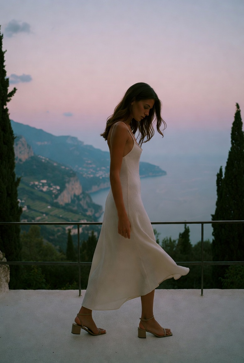 A woman in an ivory linen maxi wearing a woven fisherman sandal on a Ravello terrace at dusk